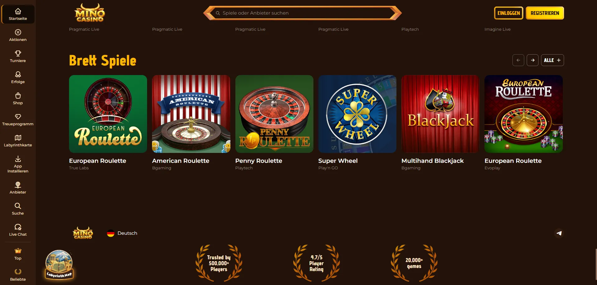 Live casino di Mino Casino — dealer in diretta con Evolution e Playtech